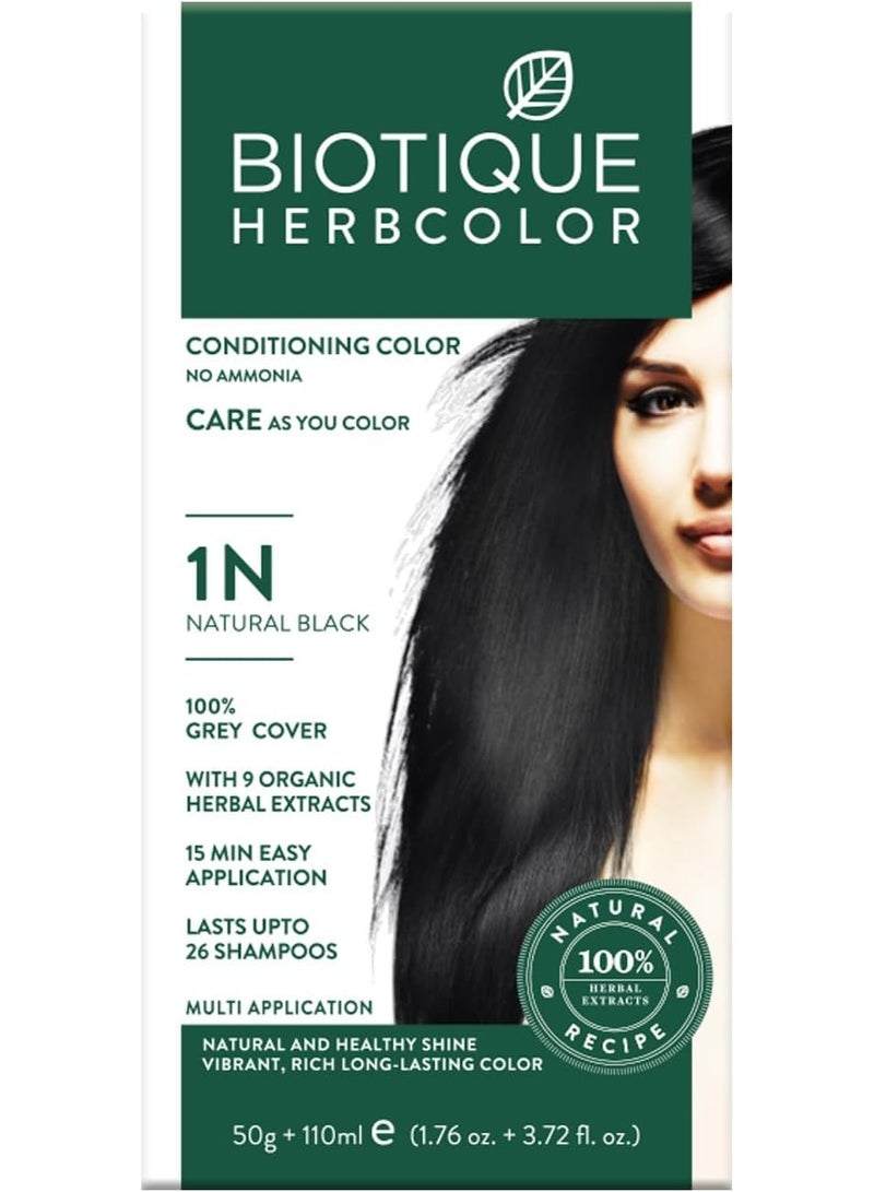 Biotique Herbcolor Conditioning Hair Colour l Ammonia Free Hair Color l 9 Organic Herbal Extracts l Natural and Healthy Shine l 50g + 110ml| Natural Black 1N (Pack of 1) - Image 1